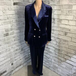 Vintage 90s Tuxedo 2 Pc Suit Set Navy Velvet Blazer Jacket Satin High Rise Pants